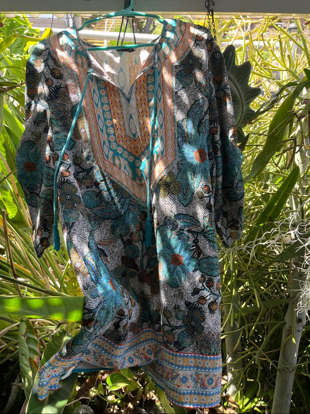 Bohemian Teal Floral Women’s Dress with Tassel Tie